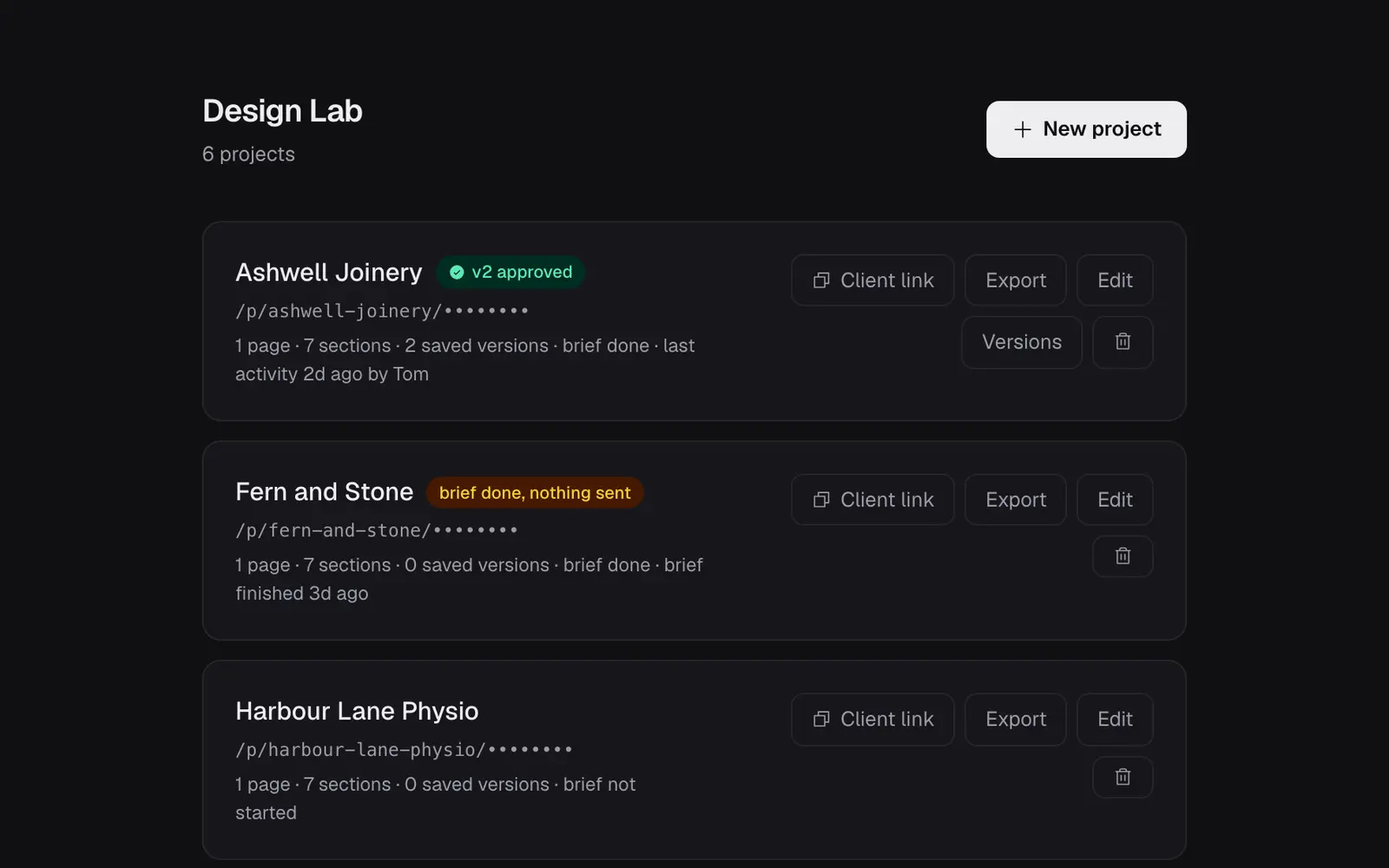 The Design Lab admin: a list of demo client projects, each with its brief status, such as v2 approved, brief done nothing sent, and from the lander