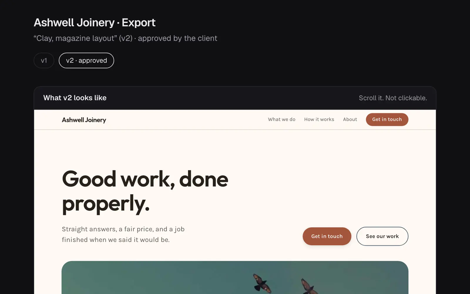 The export page for a demo joinery client's approved version, with a preview of the approved design